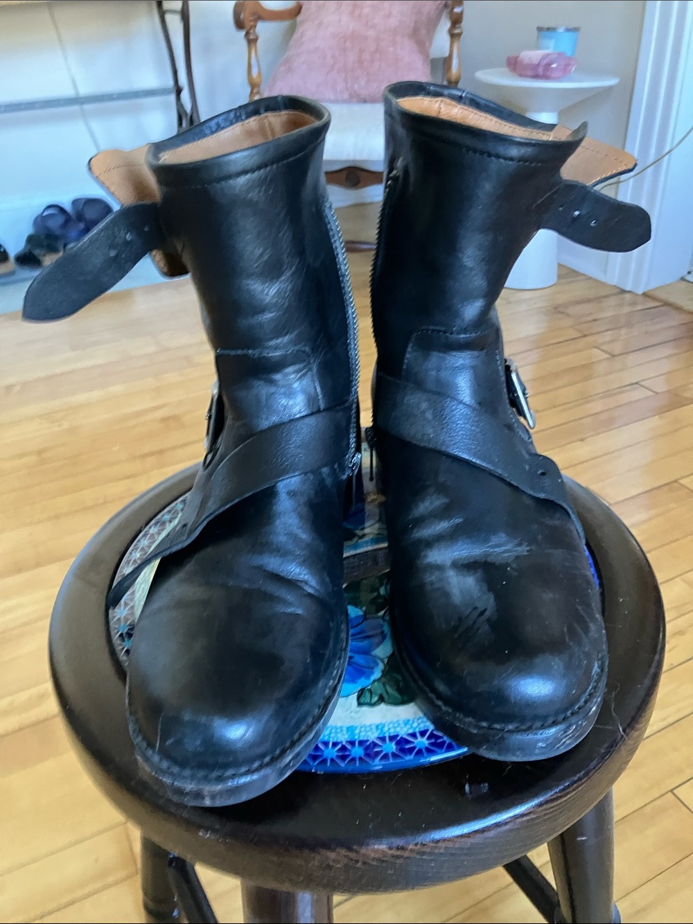 Frye Black Leather Buckle Ankle Boots